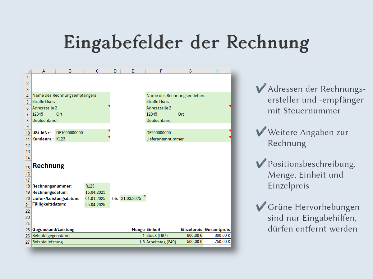 Eingabefelder der Rechnung