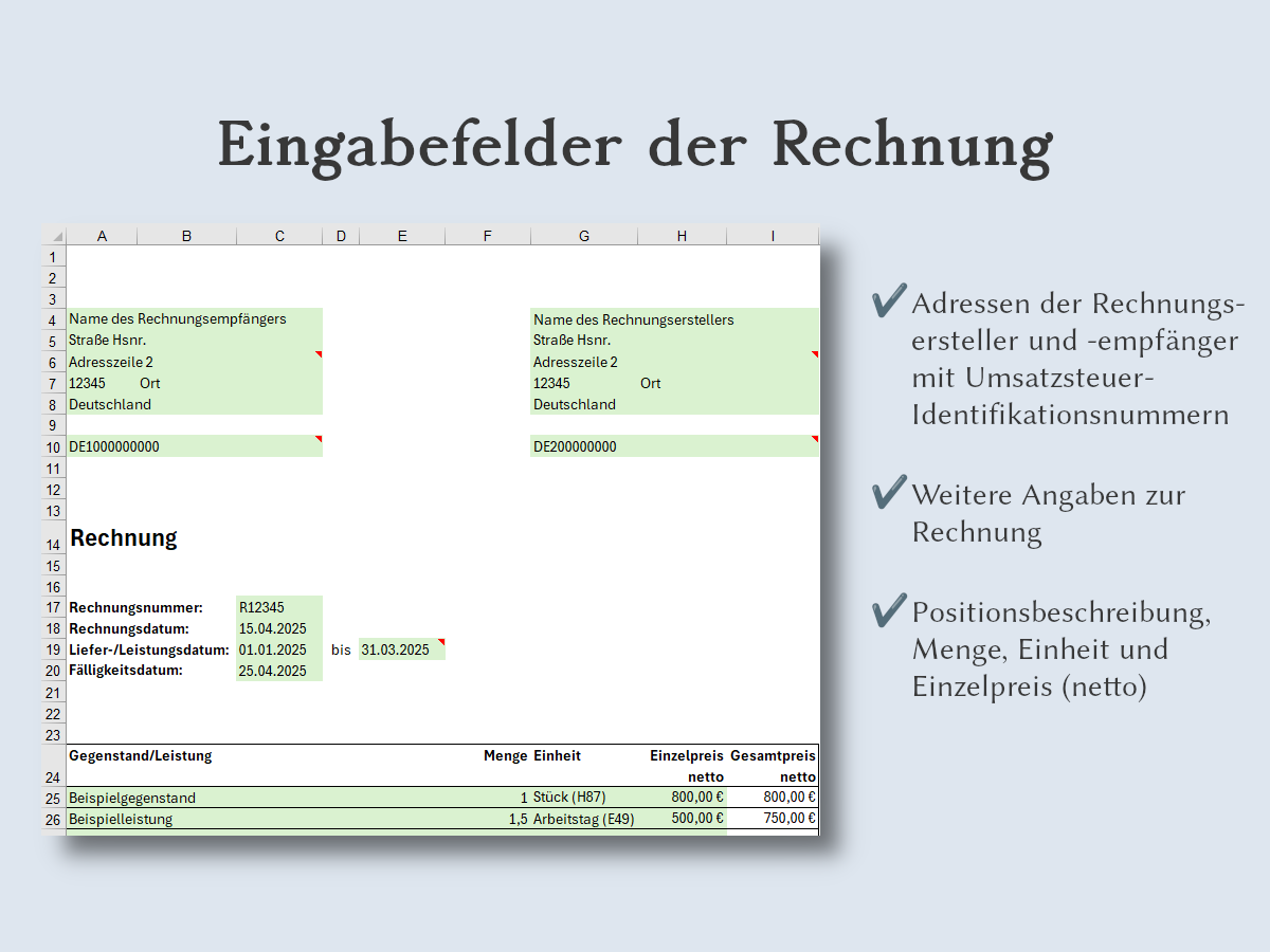 Eingabefelder der Rechnung