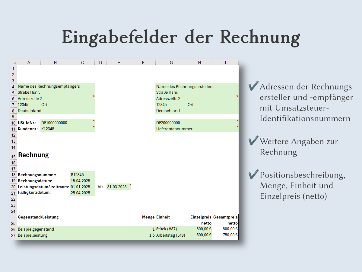 Eingabefelder der Rechnung