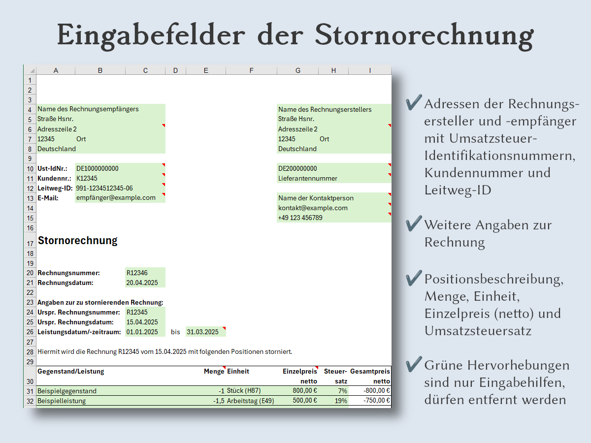 Eingabefelder der Rechnung