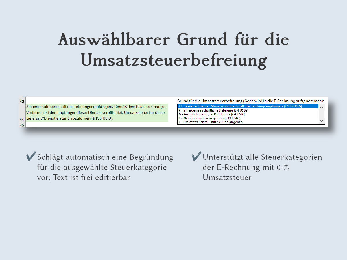 Auswählbarer Grund für die Umsatzsteuerbefreiung